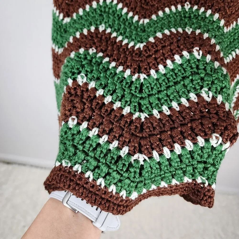 Handmade Crochet Throw Blanket Green Brown White Chevron Zigzag Scalloped Retro